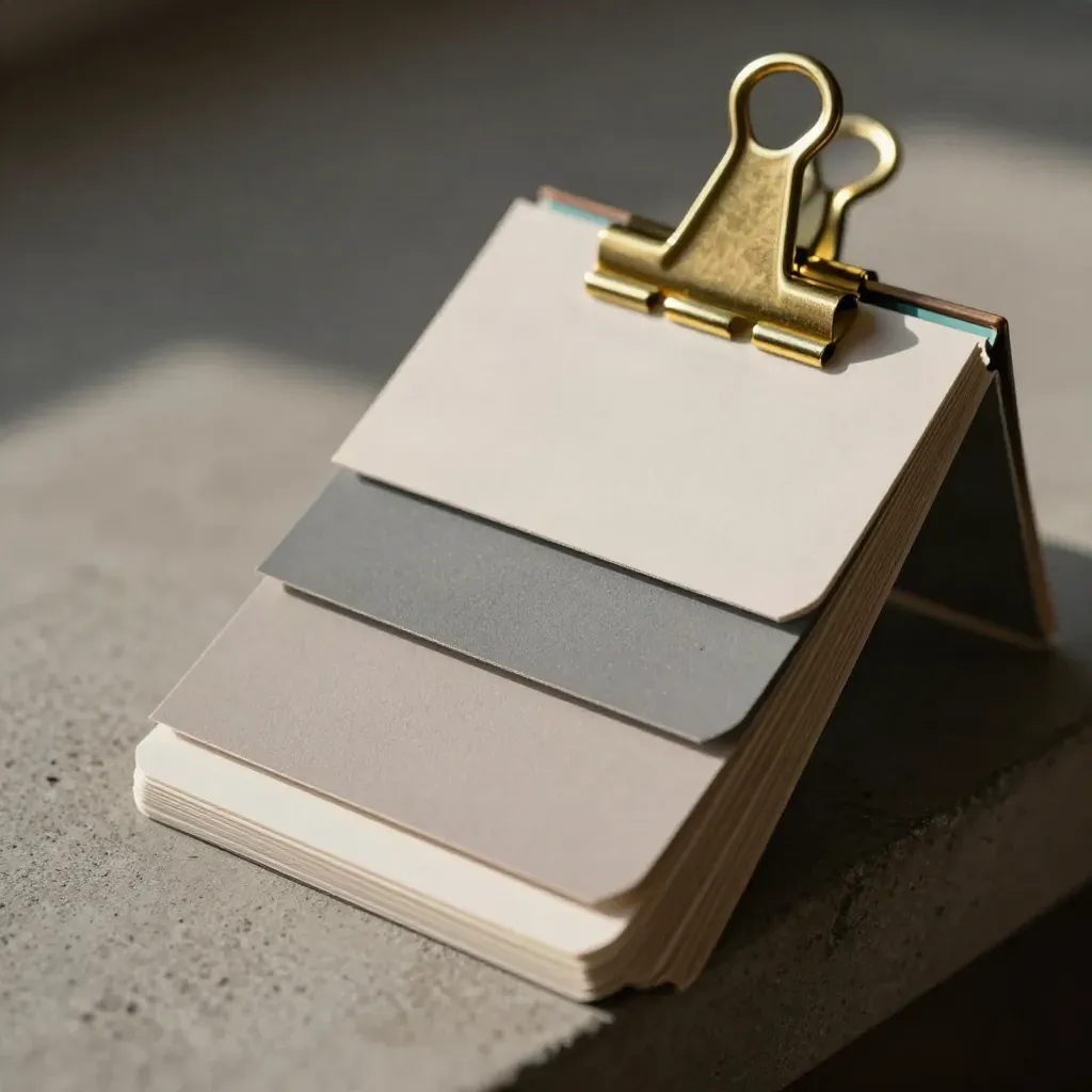 Macro of coated swatch cards clipped with brass corners on concrete, with a muted teal sample strip.