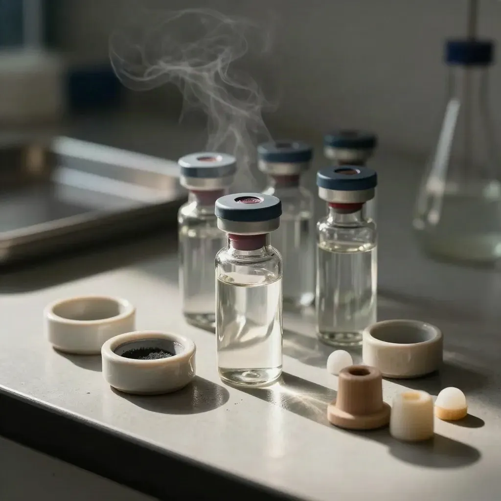 Lab vials, weighing boats, and rubber stoppers clustered on a stone bench in cool mist.