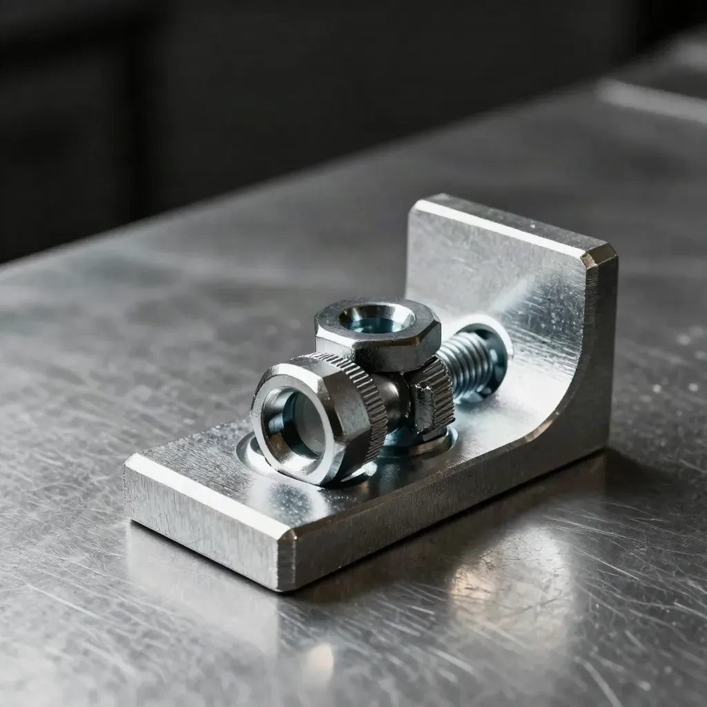 Machined aluminum bracket with bolts and knurled coupling on brushed steel in dramatic light.