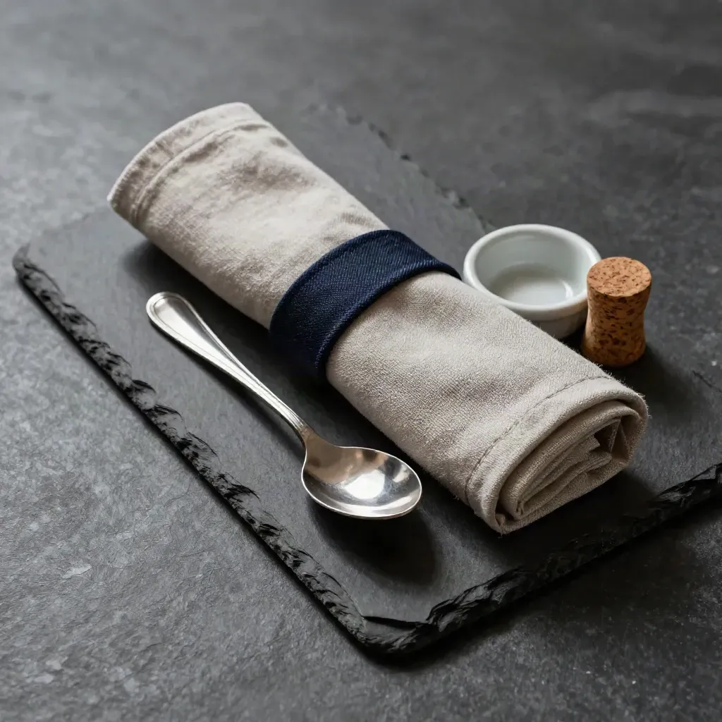 Top-down still life of linen, spoon, ramekin, and cork on slate with steam and soft daylight.