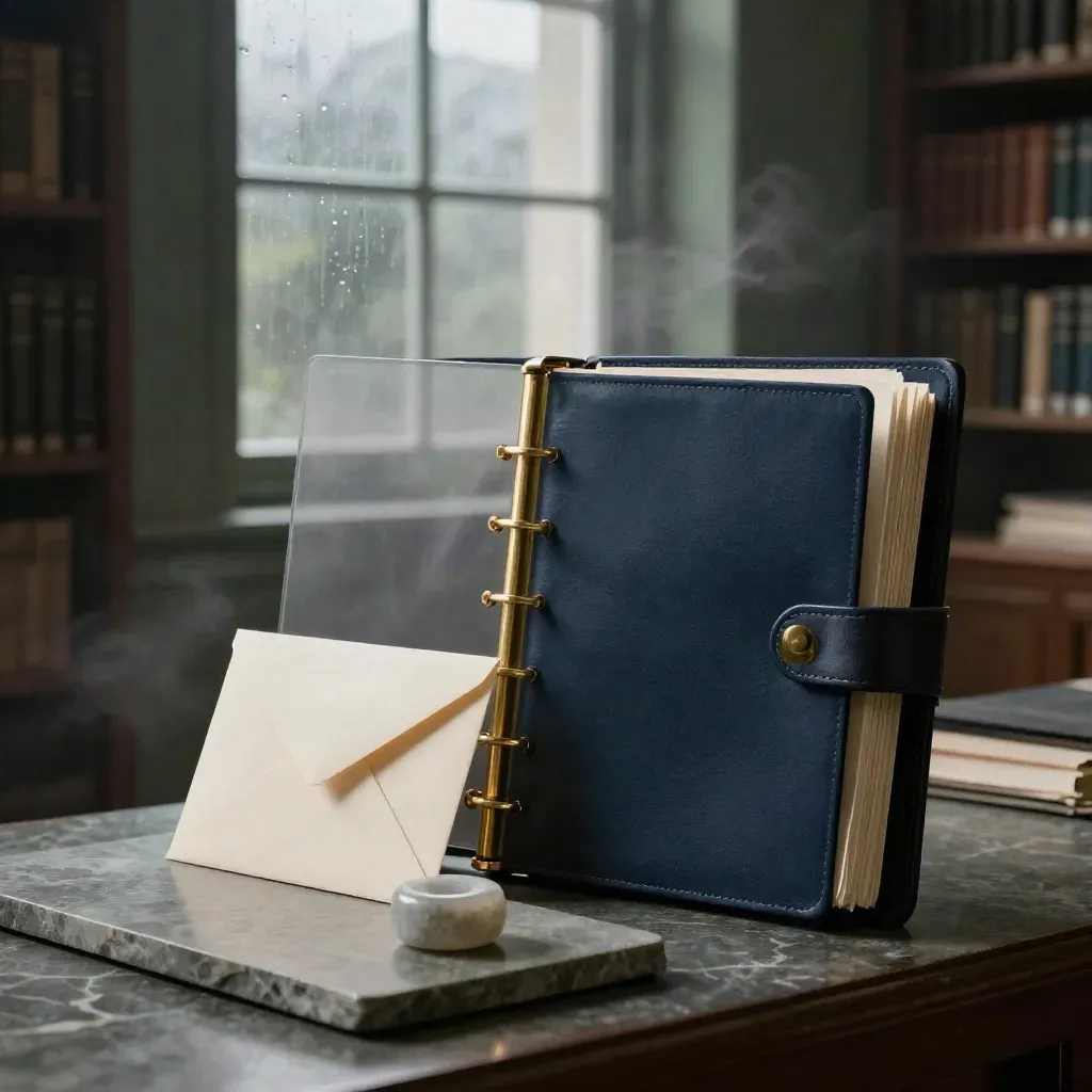 Ink-navy archival folio with brass clips, dividers, envelope and stone weight in moody rain-lit archive