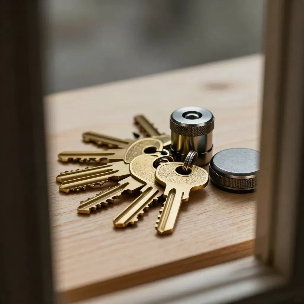 Brass key blanks, lock cylinders, and an access puck on pale wood, seen through a blurred door edge.