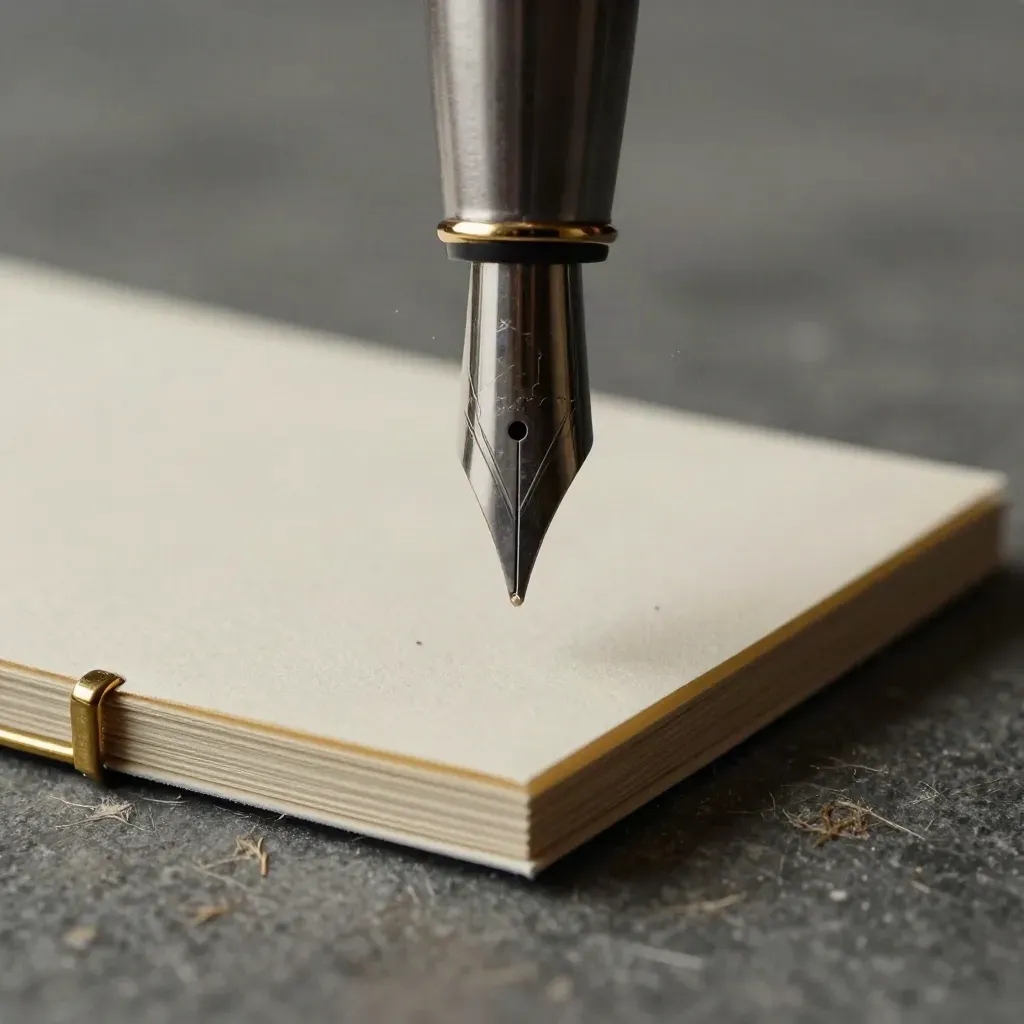 Macro of a pen nib hovering at a blank card with brass clips and a navy accent.
