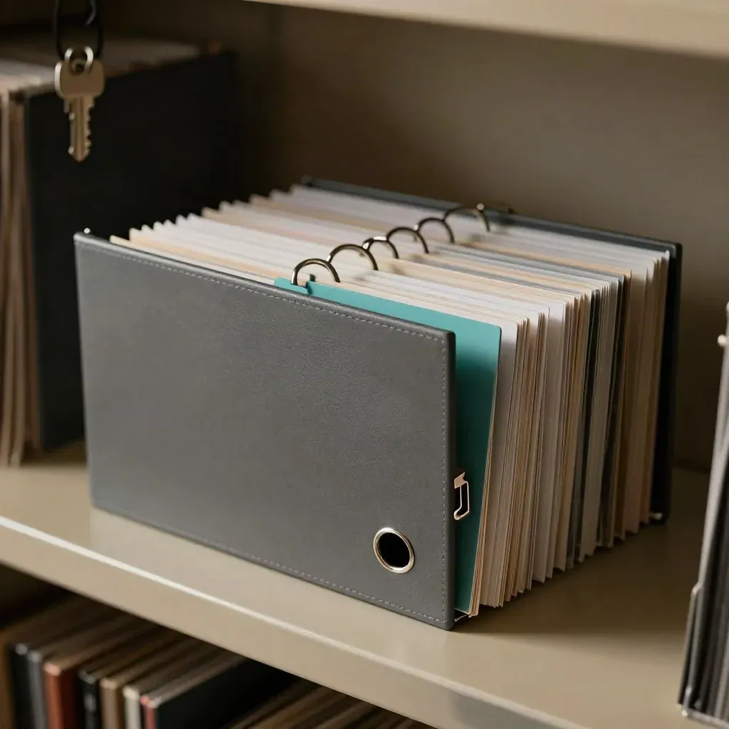 Binder spine with tabbed dividers and archive clip on a shelf, lit dramatically
