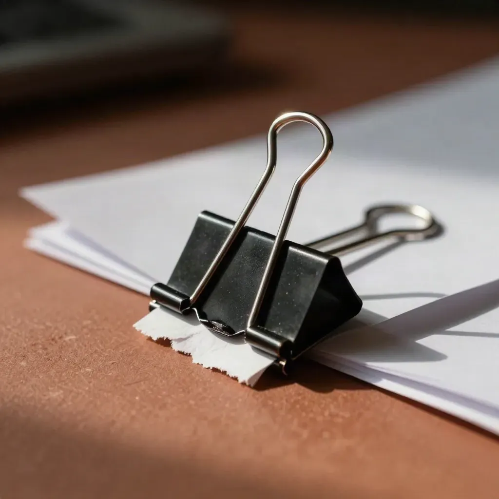 Macro of binder clips clamping blank paper on a terracotta surface