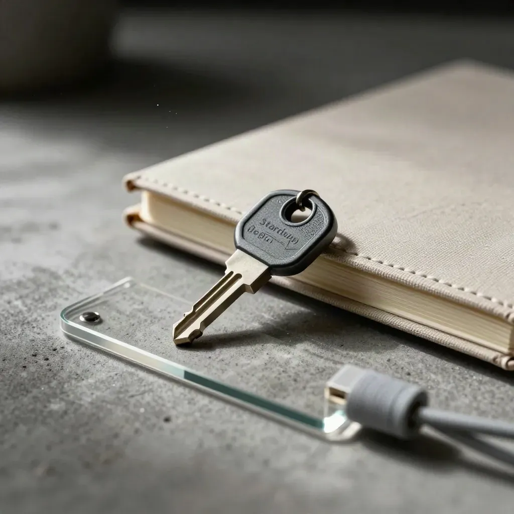 Macro still life of a security key, notebook, cable, and acrylic divider on concrete.