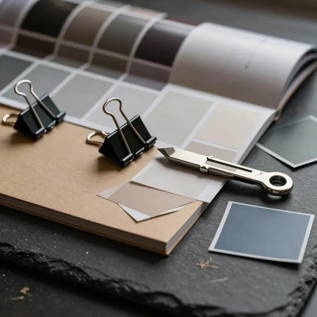 Macro still life of agency mockup tools: swatches, binder clips, kraft folders, and a knife sheath.