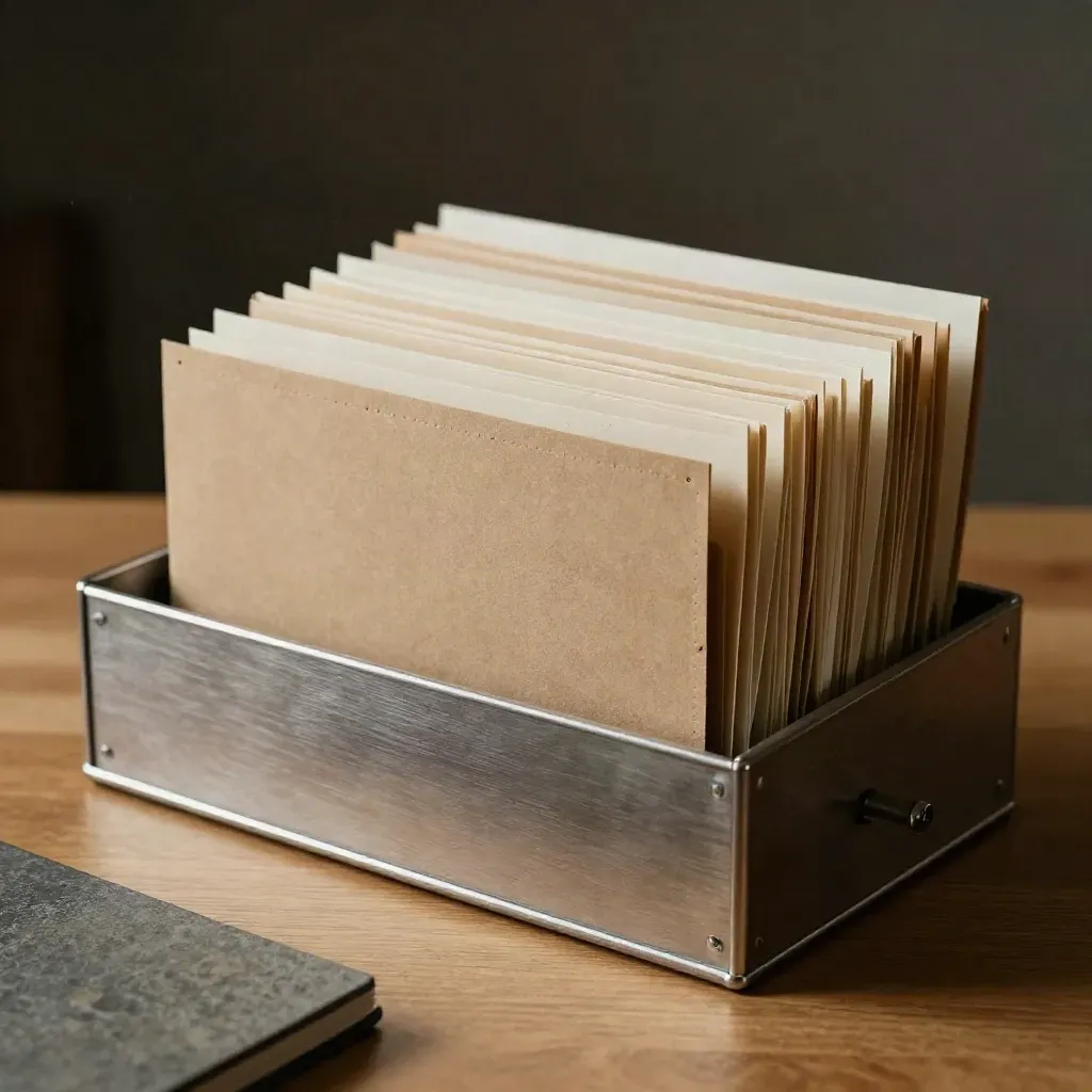Top-down archive tray with tabbed folders sliding into a modular drawer front on warm oak.