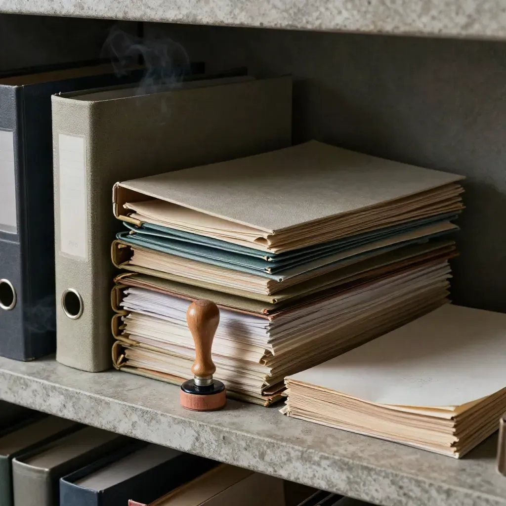 Top-down policy binder with tabs, stamp and archive seal on stone, teal accent