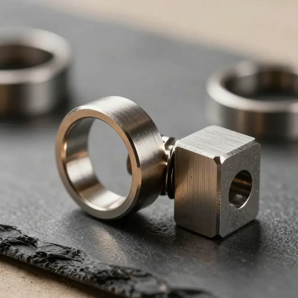 Macro of metal rings, connector and interlocking blocks on brushed stone, with dust in soft light.