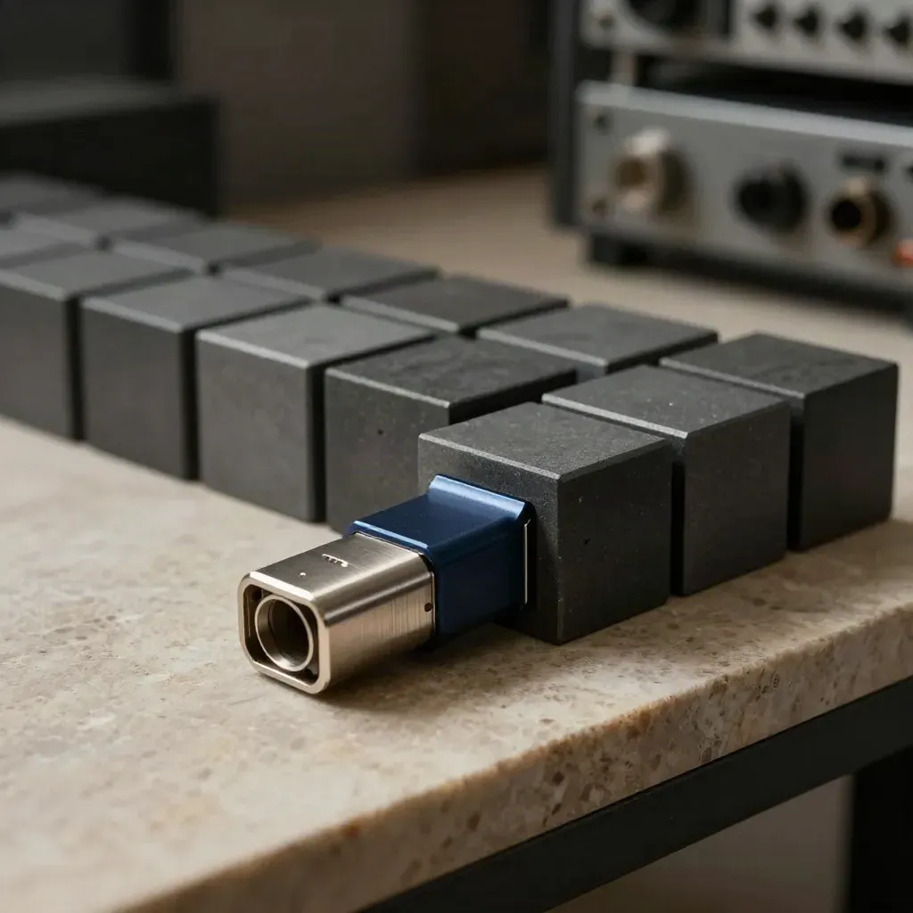 Graphite modular blocks and a navy bridge connector on limestone in dramatic studio haze.