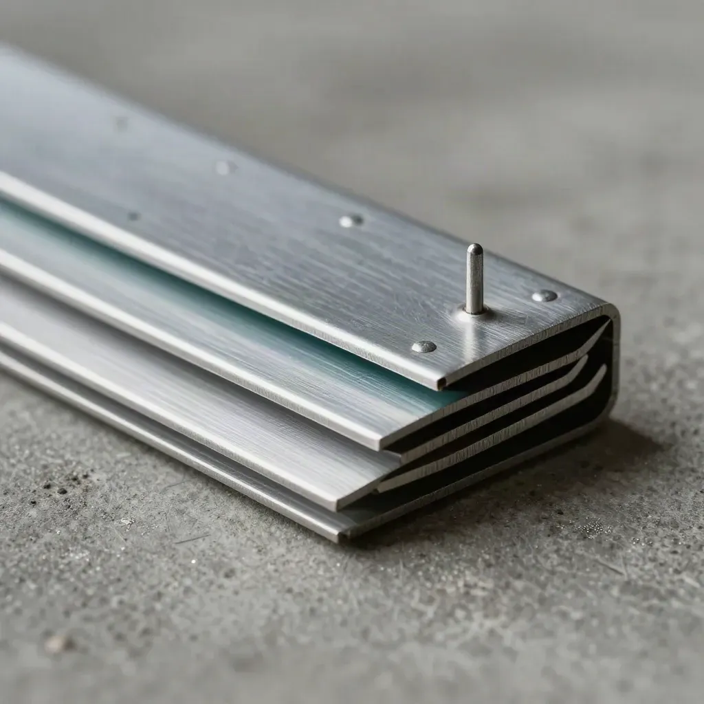 Aluminum tabs, riveted plate, and alignment pin on concrete with a subtle teal accent and deep shadow.