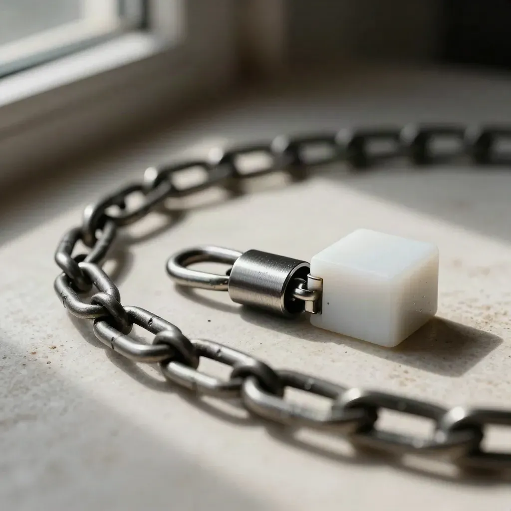 Dark chain links, magnetic clasp, and square connector block on pale stone in soft daylight.