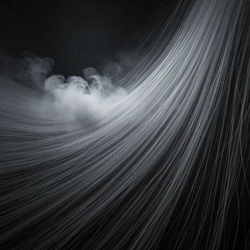 Silver light filaments converge into a soft bloom in dark haze, with empty space for copy.